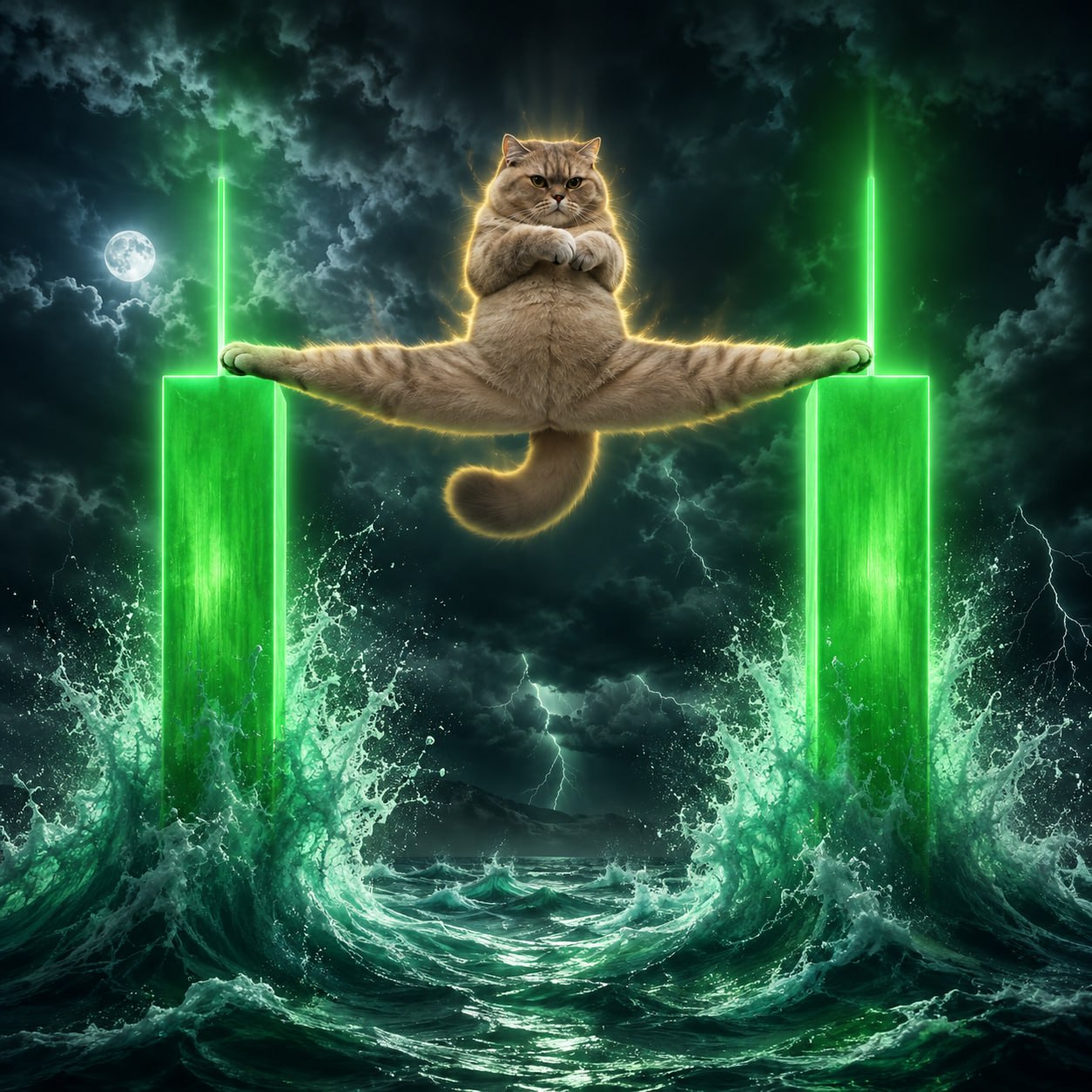 KAT balancing between twin green candles above the sea